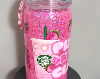 16oz Starbucks Inspired Pink Drink dry glitter tumbler! Complete with a matching reusable straw and aesthetic charm keychain.