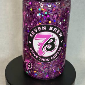 16 oz Purple Glitter Tumbler with Straw, 7Brew Inspired Acrylic Snow Globe Cup, Sparkle Travel Coffee Cup, Iced Coffee Gift, Handmade gift