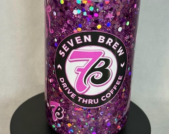 16 oz Purple Glitter Tumbler with Straw, 7Brew Inspired Acrylic Snow Globe Cup, Sparkle Travel Coffee Cup, Iced Coffee Gift, Handmade gift