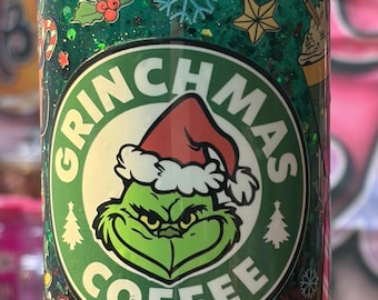 16 oz Grinch red & Green Lave Tumbler with Handle and Straw, Christmas Snow Globe Cup, Holiday Coffee Cup, Grinch Gift, Handmade