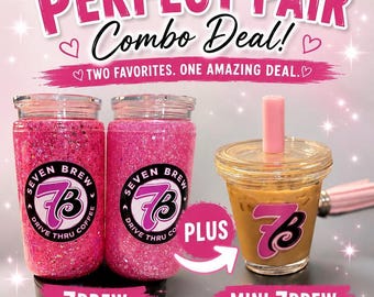7Brew Pink Glitter Tumbler with Straw 16 oz, Coffee Keychain Bundle, Acrylic Snow Globe Cup, Sparkle Travel Cup, Coffee Lover Gift Set