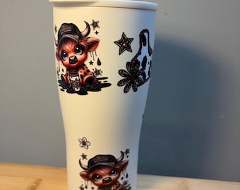 Cream Highland Cow Tumbler 20oz | Cute Baby Cow Cup With Straw | Western Cow Print Tumbler  Leopard Hat Coffee Tumbler | Cow Lover Gift