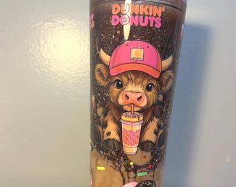 Dunkin' drinkbeker van 700 ml met lavaglitter en rietje, geïnspireerd op de Highland Cow, ijskoffie-thema, reisbeker voor ijskoffie, cadeau voor koffieliefhebbers