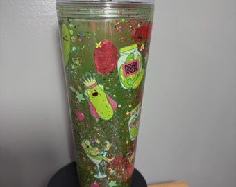 Bicchiere termico da 710 ml ispirato ai cetriolini sottaceto / Bicchiere termico rosa e verde lava / Regalo per gli amanti dei cetriolini sottaceto / Tazza divertente a tema cetriolini sottaceto / Bicchiere termico glitterato / Bicchieri artigianali