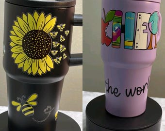 20oz Bee Sunflower or Purple Teacher Tumbler | Stainless Steel Cup with Handle | Teacher Gift | Sunflower Tumbler | Cute Coffee Cup