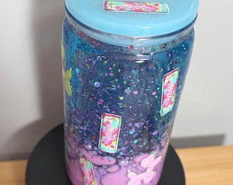 Alani Inspired Custom Tumbler with Colored Straw, 16oz Pink and Blue Lava Glitter Drinkware, Cute Cold Coffee Cup,  Energy Drink Gift