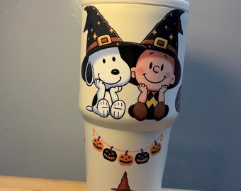 20oz Snoopy Inspired Halloween Tumbler  | Spooky Season Ghost Tumbler | Charlie Brown Witch Tumbler | Pumpkin Tumbler With Handle and Straw