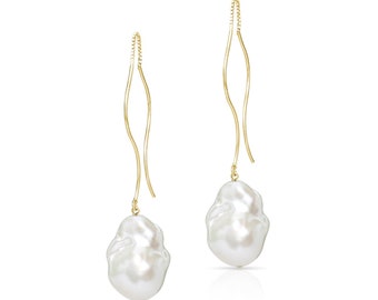 Waves Large White  Baroque Freshwater Pearl Threader Earrings Gold- Long Baroque Pearl Drop Earrings, Statement Pearl, Beach Earrings, Boho