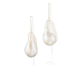 Adjustable  Large White Baroque Freshwater Pearl Sterling Silver Earrings , Bridal Earrings , Pearl Threaders ,Gift For Her, Pearl Earrings