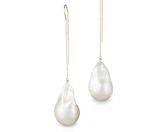 14K Solid Yellow Gold Large White Baroque Freshwater Pearl Drop And Dangle Earrings, Pearl Threaders,Bridal Earrings ,Anniversary Gift, Gift