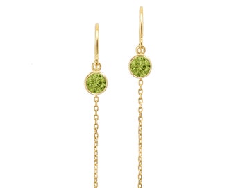 14K Gold Peridot Threader Earrings, Dainty Bezel Set, August Birthstone