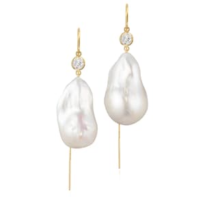 Diamond And Large Baroque Freshwater Pearl Drop Earrings |  14K Yellow Gold Filled | 14K Solid Yellow Gold | Gift For Her| Bridal Earrings