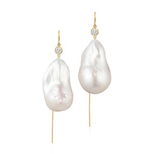 Diamond And Large Baroque Freshwater Pearl Drop Earrings |  14K Yellow Gold Filled | 14K Solid Yellow Gold | Gift For Her| Bridal Earrings