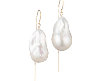 14K Yellow Gold Large White Baroque Freshwater Pearl Drop Earrings ,As Worn By Oprah Winfrey On The Cover Of O, The Oprah Magazine ,Gift