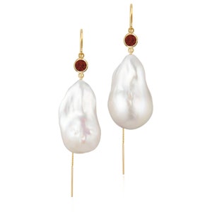 Garnet And Large Baroque Freshwater Pearl Drop Earrings | 14K Yellow Gold Filled | 14K Solid Yellow Gold | January  Birthstone Earrings