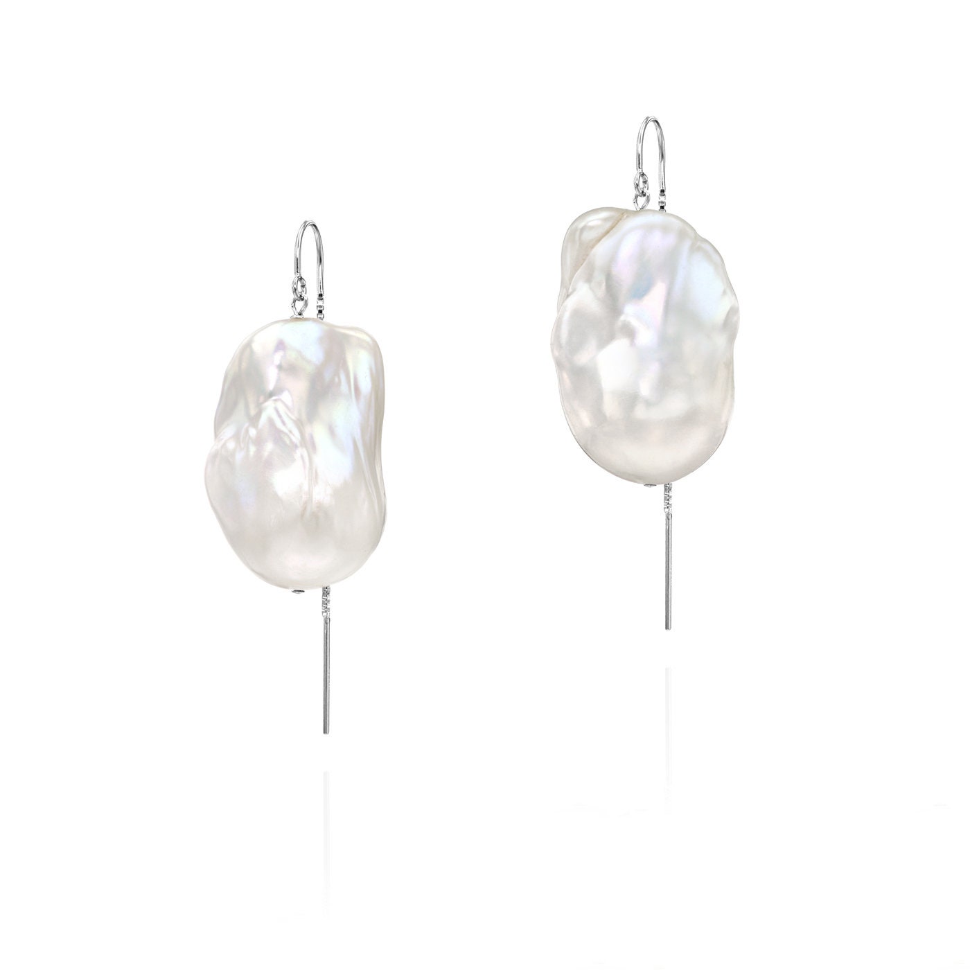 Solid 14K White Gold XXL White Baroque Threader Earrings ,Extra Large Pearl Statement Earrings ,14K White Gold Huge Statement Pearl Earrings