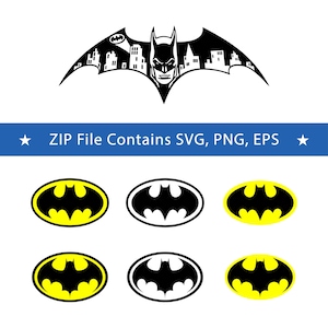 May include: A digital graphic set featuring a black silhouette of a superhero mask integrated into a city skyline, accompanied by six oval-shaped bat emblems in yellow and black. The text "ZIP File Contains SVG, PNG, EPS" is displayed on a blue bar.