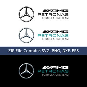 Puede incluir: Tres variaciones del logotipo del equipo Mercedes-AMG Petronas Formula One Team. Los diseños presentan el emblema de la estrella de tres puntas junto al texto AMG PETRONAS FORMULA ONE TEAM en colores negro, blanco y turquesa sobre fondos blancos y negros.