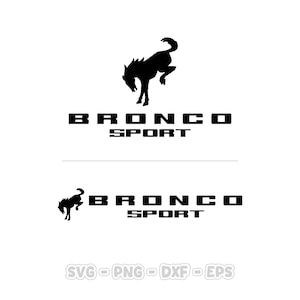 May include: A black graphic design featuring a silhouette of a bucking horse above the text BRONCO SPORT, presented in two variations: one with the horse centered above the text and one with the horse to the left of the text, plus file formats.