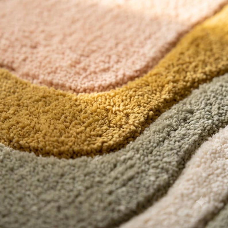 May include: A tufted rug featuring a series of curved, wavy bands in soft pastel colors. The texture is thick and plush, displaying distinct layers of light pink, mustard yellow, sage green, and cream white fibers arranged in a flowing pattern.