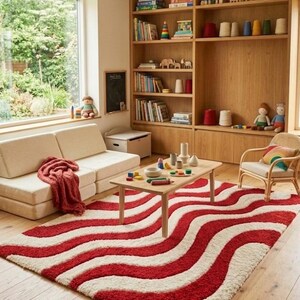 May include: A rectangular area rug featuring a wavy, repeating pattern of thick red and cream-colored stripes. The rug has a textured, plush pile and is positioned on a light-colored wooden floor in a room with a sofa, coffee table, and shelving.
