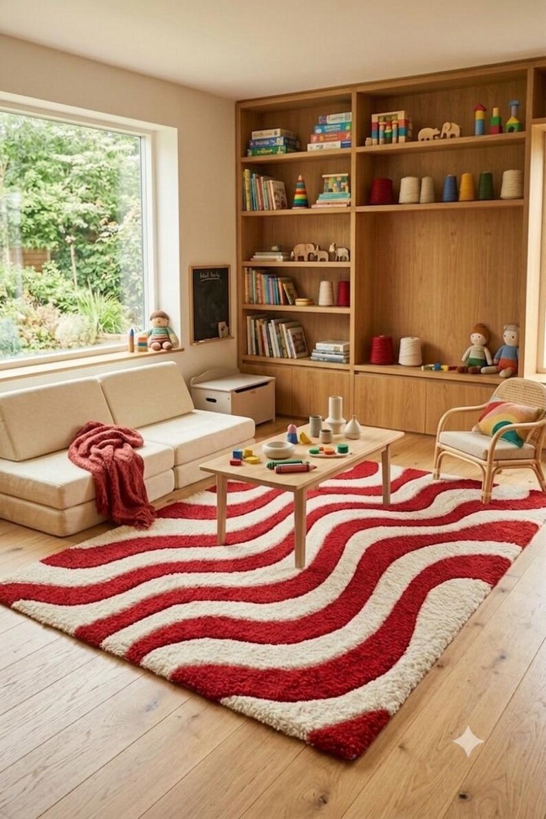May include: A rectangular area rug featuring a wavy, repeating pattern of thick red and cream-colored stripes. The rug has a textured, plush pile and is positioned on a light-colored wooden floor in a room with a sofa, coffee table, and shelving.
