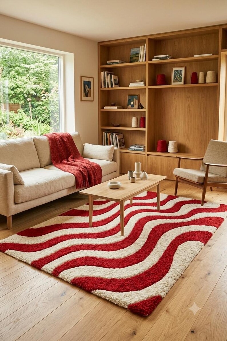 May include: A rectangular area rug featuring a repeating wavy pattern of thick, textured red and cream-colored stripes. The rug is crafted with a high-pile, shaggy texture that creates a soft, dimensional appearance across the entire surface.
