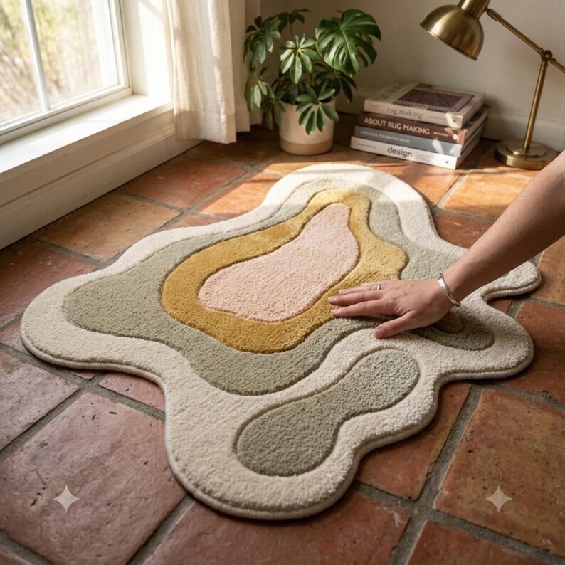 May include: An irregular, organic-shaped area rug featuring layered, wavy bands of color including cream, sage green, mustard yellow, and soft pink. The rug has a thick, tufted texture with rounded edges and a soft, plush pile surface.