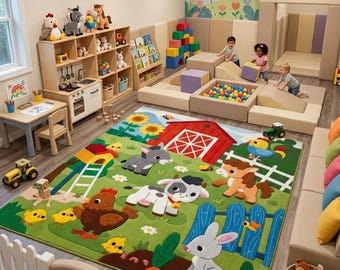 Farm Animal Kids Rug, Farmhouse Nursery Rug, Barnyard Playroom Carpet, Handmade Tufted Wool Rug, Cow Chicken Bunny Farm Rug, Kids Room Decor