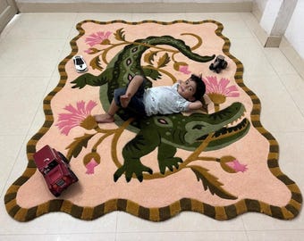 Hand Tufted Wool Crocodile Rug, Whimsical Floral Nursery Carpet