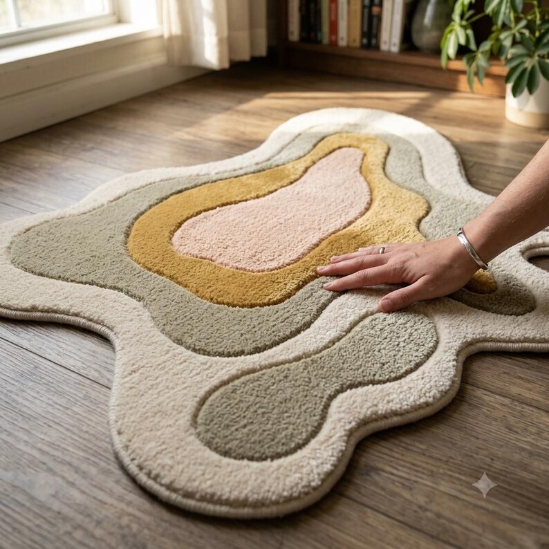 May include: An irregular, organic-shaped area rug featuring layered, abstract topographical patterns in soft shades of cream, sage green, mustard yellow, and pale pink. The rug has a thick, tufted texture with rounded, flowing edges.