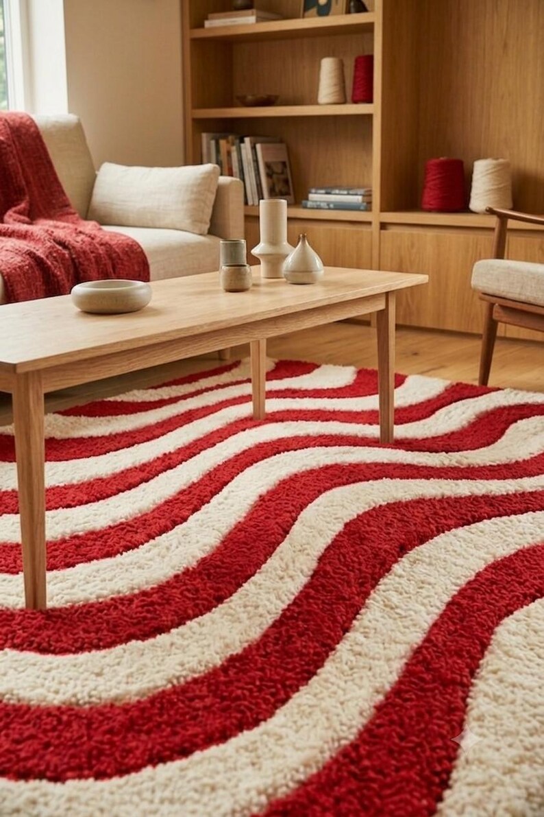 May include: A rectangular area rug featuring a high-pile texture with alternating wavy stripes in vibrant red and off-white. The rug covers the floor space beneath a light-toned wooden coffee table, showcasing a bold, flowing pattern throughout.
