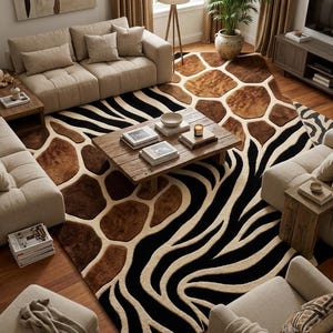 May include: A large area rug featuring a split design with a brown and cream giraffe print pattern on one side and a black and cream zebra stripe pattern on the other. The rug has a textured, plush surface and covers the floor in a living room.