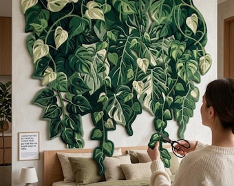 Puede incluir: Una alfombra botánica grande de forma irregular, hecha a mano con técnica de tufting, que presenta un denso diseño de hojas de monstera y filodendro superpuestas en tonos verde oscuro, verde claro y crema, montada sobre una pared.