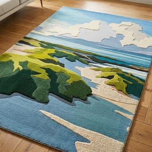 May include: A rectangular hand-tufted rug featuring a landscape design with shades of blue, green, and cream. The pattern depicts rolling hills, coastal water, and clouds in the sky. The rug has a textured pile surface and measures 8x10 inches.