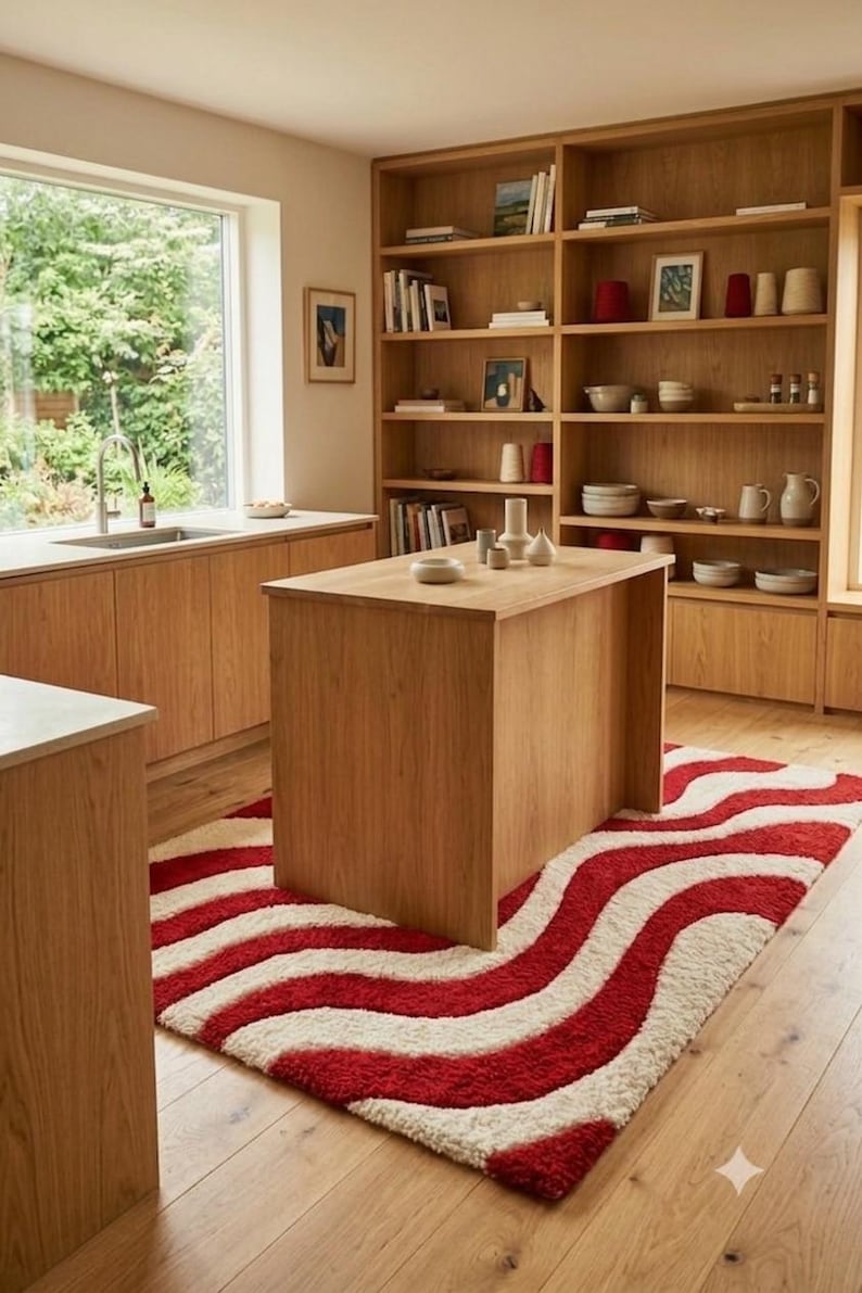 May include: A rectangular area rug featuring a bold, wavy pattern of thick, textured red and cream-colored stripes. The rug is positioned on a light-colored wooden floor, extending underneath a wooden kitchen island in a bright, open-plan space.