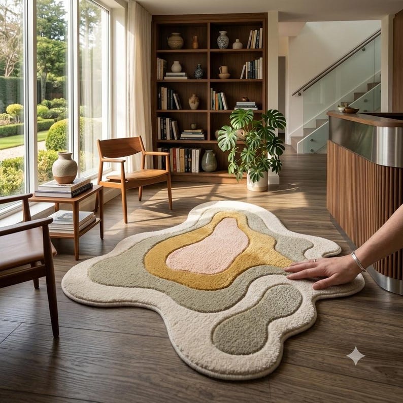May include: An irregular, organic-shaped area rug featuring layered, wavy sections in cream, sage green, mustard yellow, and soft pink. The rug has a textured, tufted pile surface and is positioned on a dark wood floor in a bright, open room.