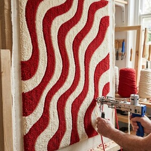 May include: A rectangular rug in progress on a wooden frame, featuring a repeating pattern of vertical wavy lines in deep red and cream yarn. A tufting gun is actively inserting red yarn into the fabric backing to create the textured surface.