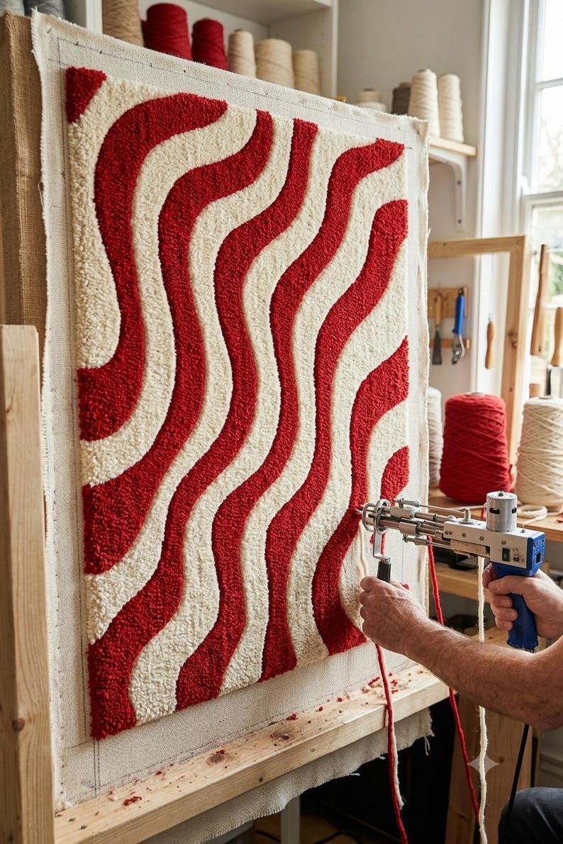 May include: A rectangular rug in progress on a wooden frame, featuring a repeating pattern of vertical wavy lines in deep red and cream yarn. A tufting gun is actively inserting red yarn into the fabric backing to create the textured surface.