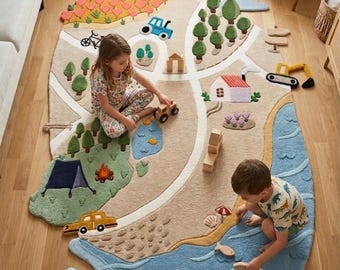 Custom Kids Adventure Play Rug, Hand Tufted Wool Nursery Carpet, Road Map Play Mat, Montessori Playroom Rug, Coastal Town Area Rug