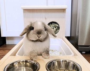 Hay Feeder With Litter Box Food and Water Bowls for pet bunny rabbit