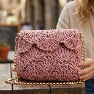 Modèle de sac au crochet en point coquillage 3D | Sac à main festonné de style boutique (Tutoriel PDF)