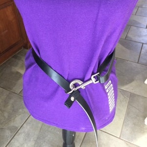 Peut inclure: T-shirt violet avec le texte "Crazy Dog Lady" imprimé sur le devant. Une ceinture en cuir noir avec une boucle argentée est portée autour de la taille.