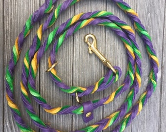 Mardi Gras Convertible Fully Braided Leash, Tie Dye, Double snaps and floating ring, European Style Lead, Mardi Gras Leash