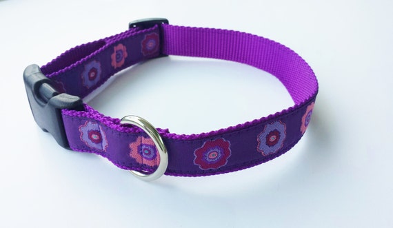 1 Adjustable Dog Collar Purple Flowers