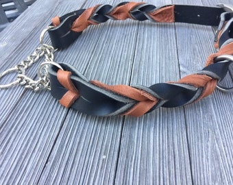 3/4" Wide Martingale Braided Leather Collar. Black Latigo and Bullhide