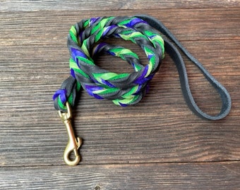 Braided Bullhide lead, Hunter Green, tie dye, Forest Green, leather, handmade leash