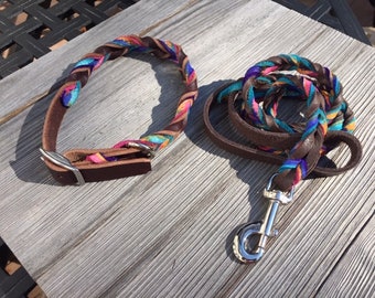 Brown Leather 3/4" Wide Collar AND Leash,  Braided Custom Leather Dog Collar and Lead, Artsy collar and leash