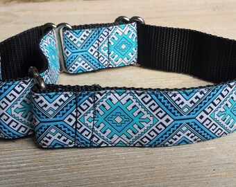 1.5" Wide Martingale Collar, Geometric Pattern, Blue