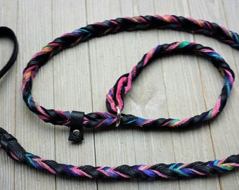 Slip Lead, NO HANDLE, Braided Bullhide lead, Black, tie dye, leather, handmade leash, Mendota